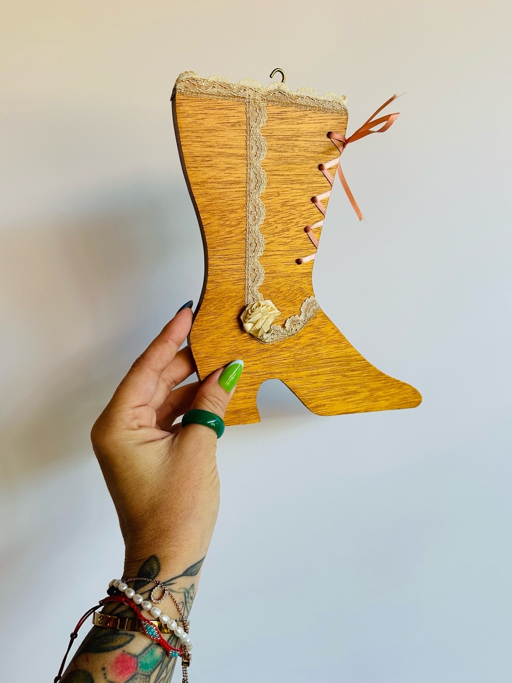 Vintage Wooden Victorian Boot Wall Decor Lace Ribbon Coquette Shabby Chic 8.5" - Picture 3 of 10